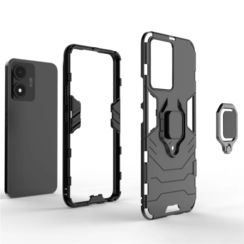 For vivo Y02s 4G Phone Case Ring Kickstand Hybrid Hard PC Soft TPU Shockproof Protective Cover - Red