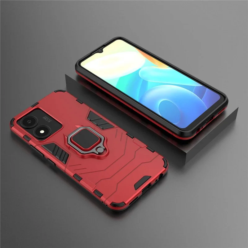 For vivo Y02s 4G Phone Case Ring Kickstand Hybrid Hard PC Soft TPU Shockproof Protective Cover - Red