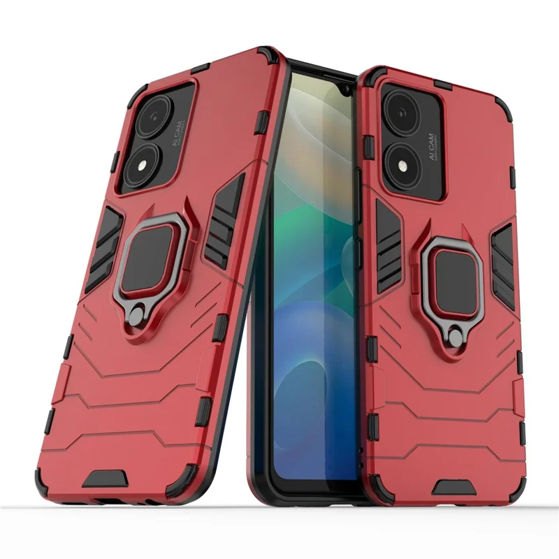 For vivo Y02s 4G Phone Case Ring Kickstand Hybrid Hard PC Soft TPU Shockproof Protective Cover - Red