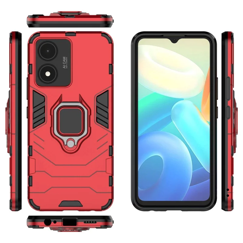 For vivo Y02s 4G Phone Case Ring Kickstand Hybrid Hard PC Soft TPU Shockproof Protective Cover - Red