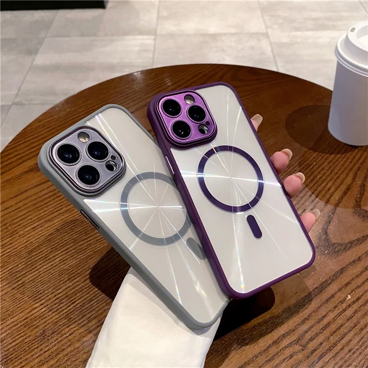 Para Iphone 15 Pro Magnetic Case Aurora CD Pattern Pc+acrylic+tpu Tepular Con Lente Película - Morado Oscuro