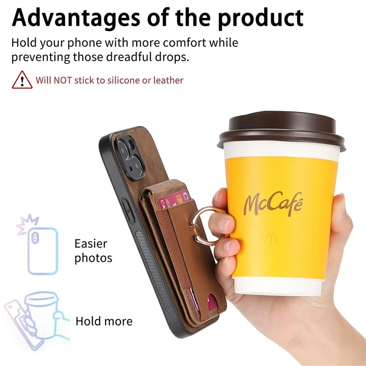 Capa para iPhone 15 D14 com suporte para cartão destacável e proteção traseira de couro - Marrom