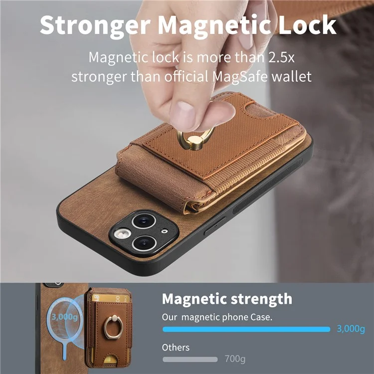 Capa para iPhone 15 D14 com suporte para cartão destacável e proteção traseira de couro - Marrom