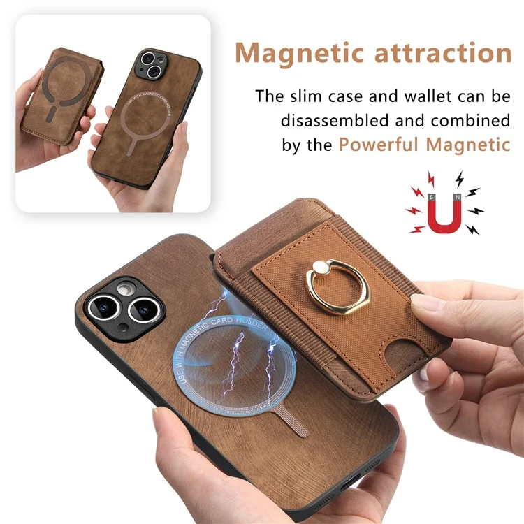 Capa para iPhone 15 D14 com suporte para cartão destacável e proteção traseira de couro - Marrom