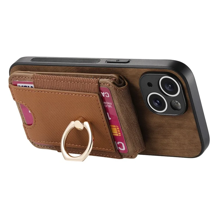 Capa para iPhone 15 D14 com suporte para cartão destacável e proteção traseira de couro - Marrom