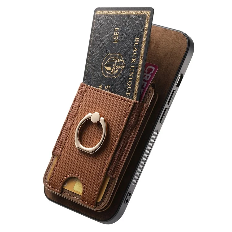Capa para iPhone 15 D14 com suporte para cartão destacável e proteção traseira de couro - Marrom