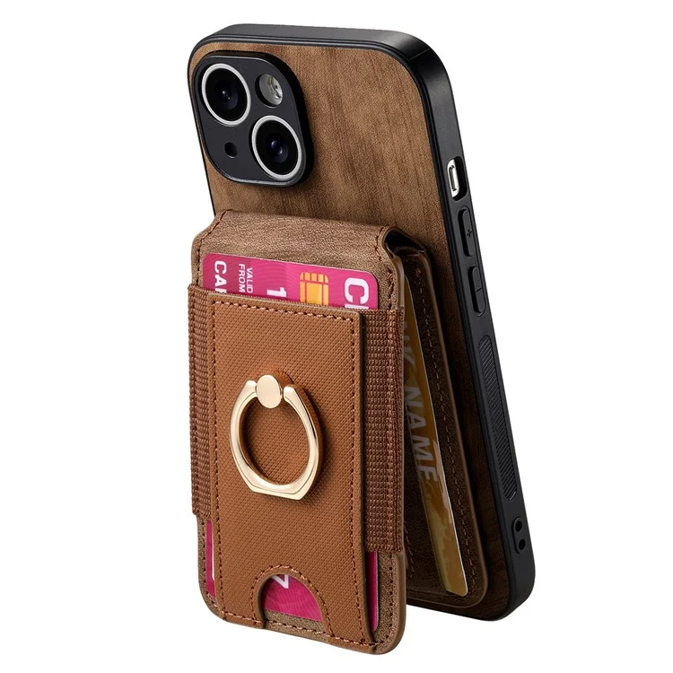 Capa para iPhone 15 D14 com suporte para cartão destacável e proteção traseira de couro - Marrom