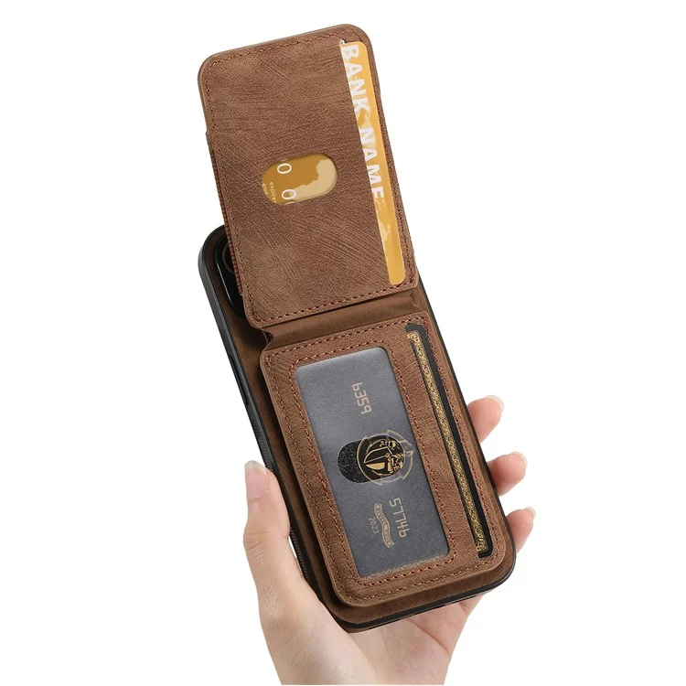 Capa para iPhone 15 D14 com suporte para cartão destacável e proteção traseira de couro - Marrom
