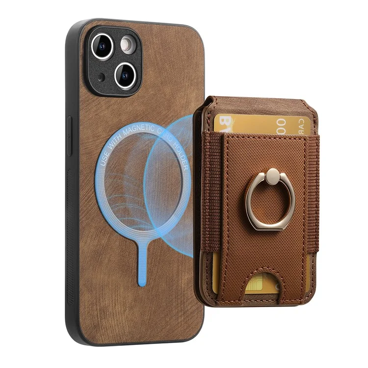 Capa para iPhone 15 D14 com suporte para cartão destacável e proteção traseira de couro - Marrom