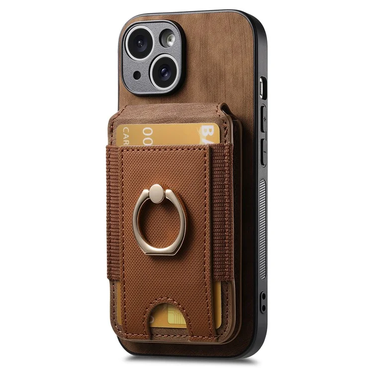 Capa para iPhone 15 D14 com suporte para cartão destacável e proteção traseira de couro - Marrom