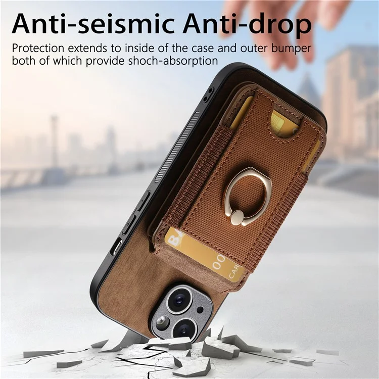 Capa para iPhone 15 D14 com suporte para cartão destacável e proteção traseira de couro - Marrom