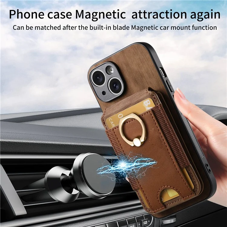 Capa para iPhone 15 D14 com suporte para cartão destacável e proteção traseira de couro - Marrom