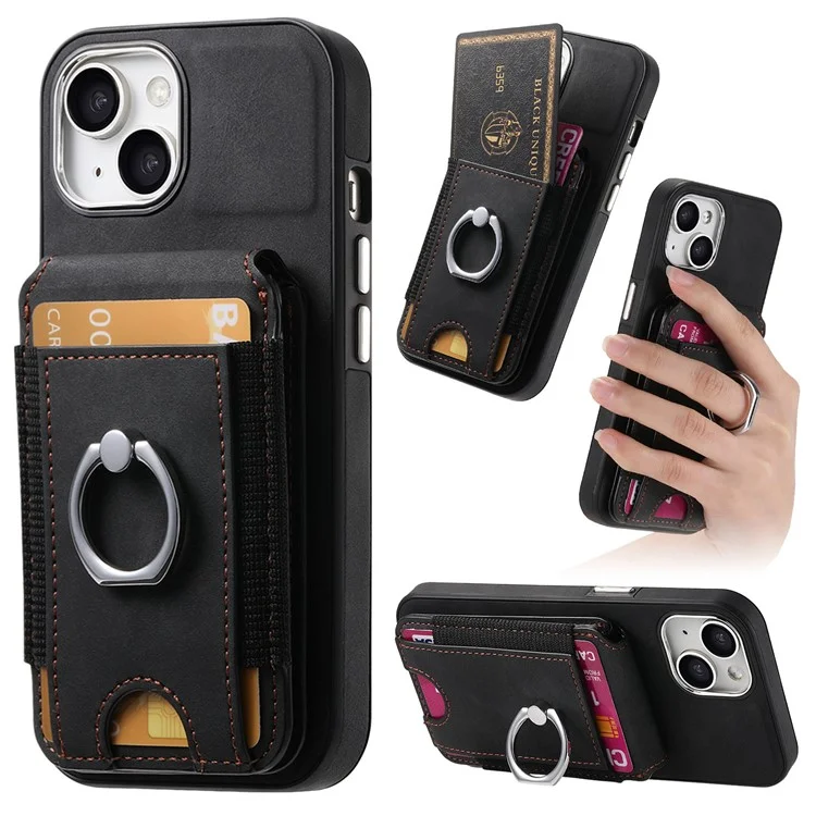 E6 Para Iphone 15 Estuche Touch Textura Vertical Volteador Soportador Del Anillo de la Tarjeta Del Anillo de la Cubierta Anti-drop - Negro