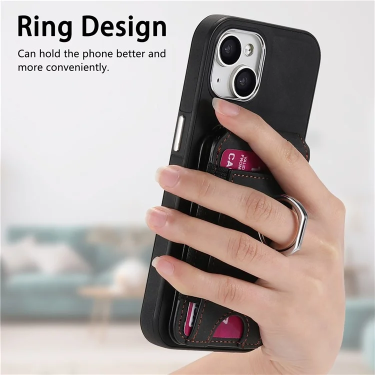 E6 Para Iphone 15 Estuche Touch Textura Vertical Volteador Soportador Del Anillo de la Tarjeta Del Anillo de la Cubierta Anti-drop - Negro