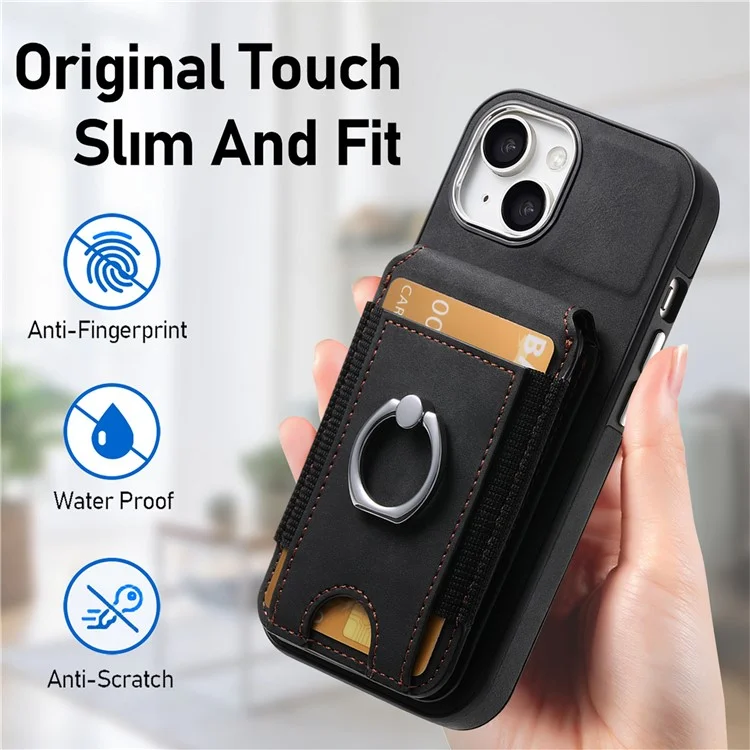 E6 Para Iphone 15 Estuche Touch Textura Vertical Volteador Soportador Del Anillo de la Tarjeta Del Anillo de la Cubierta Anti-drop - Negro