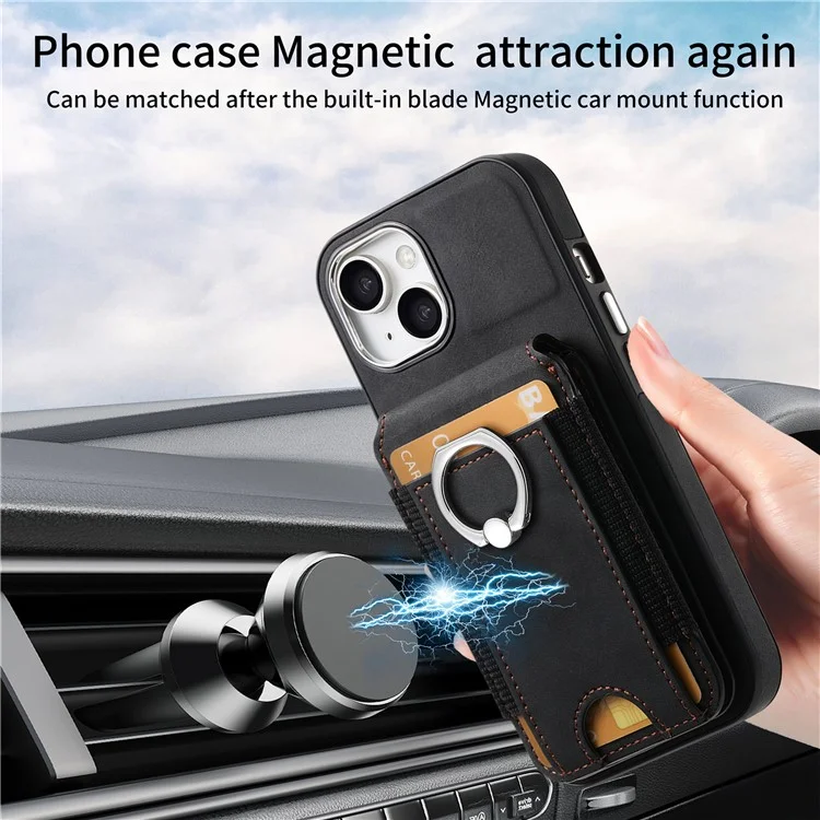 E6 Para Iphone 15 Estuche Touch Textura Vertical Volteador Soportador Del Anillo de la Tarjeta Del Anillo de la Cubierta Anti-drop - Negro