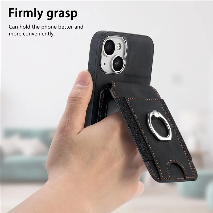 E6 Para Iphone 15 Estuche Touch Textura Vertical Volteador Soportador Del Anillo de la Tarjeta Del Anillo de la Cubierta Anti-drop - Negro
