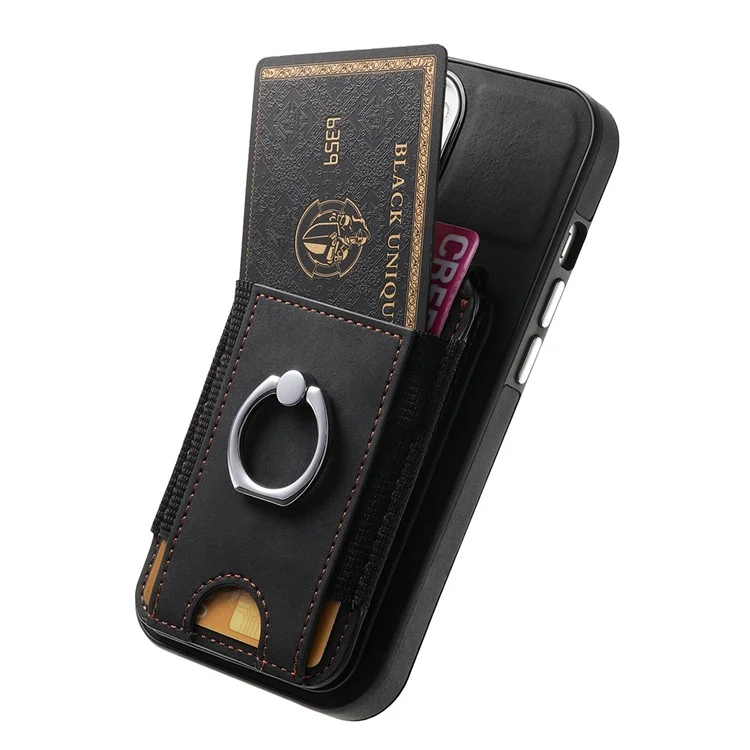 E6 Para Iphone 15 Estuche Touch Textura Vertical Volteador Soportador Del Anillo de la Tarjeta Del Anillo de la Cubierta Anti-drop - Negro