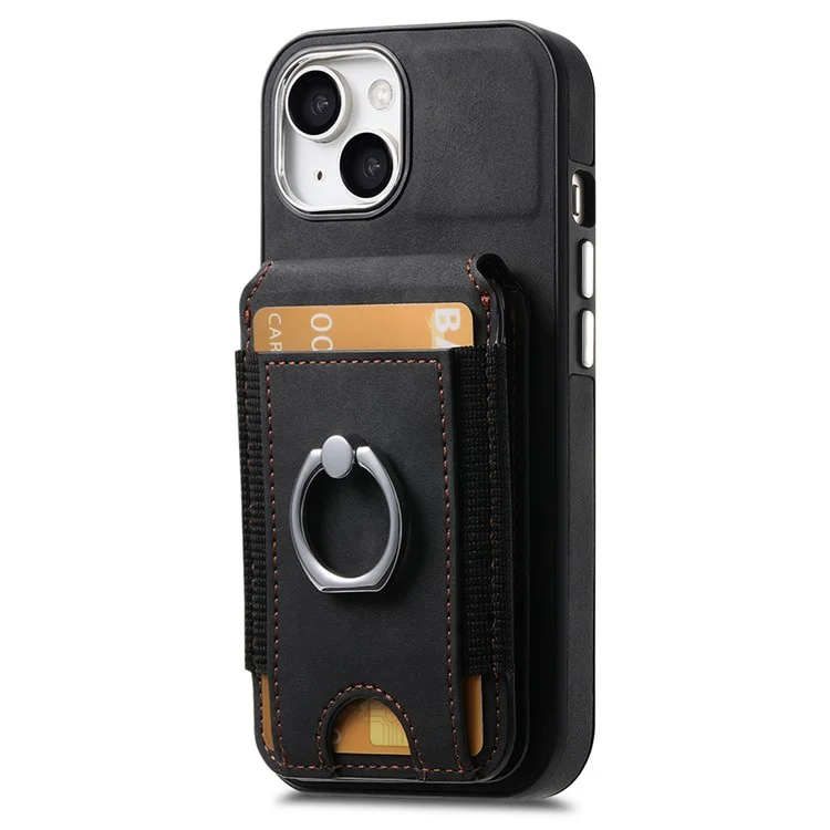 E6 Para Iphone 15 Estuche Touch Textura Vertical Volteador Soportador Del Anillo de la Tarjeta Del Anillo de la Cubierta Anti-drop - Negro