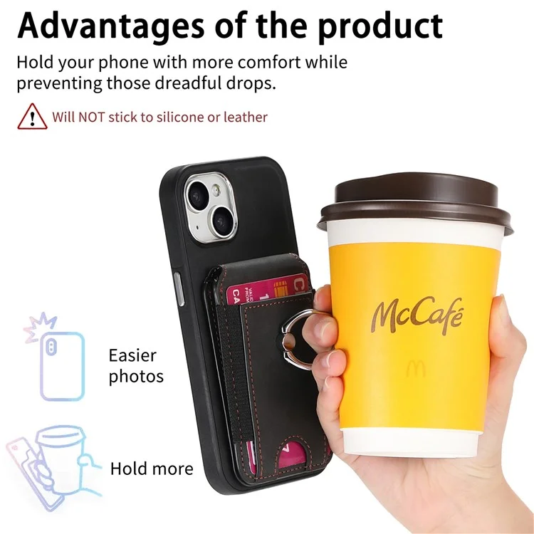E6 Para Iphone 15 Estuche Touch Textura Vertical Volteador Soportador Del Anillo de la Tarjeta Del Anillo de la Cubierta Anti-drop - Negro