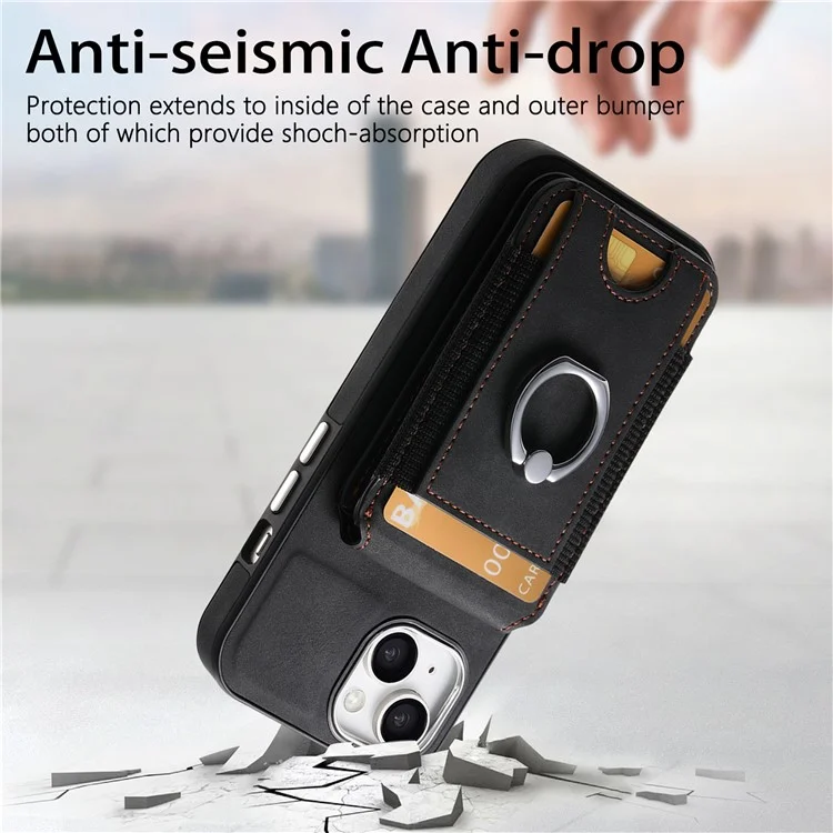 E6 Para Iphone 15 Estuche Touch Textura Vertical Volteador Soportador Del Anillo de la Tarjeta Del Anillo de la Cubierta Anti-drop - Negro