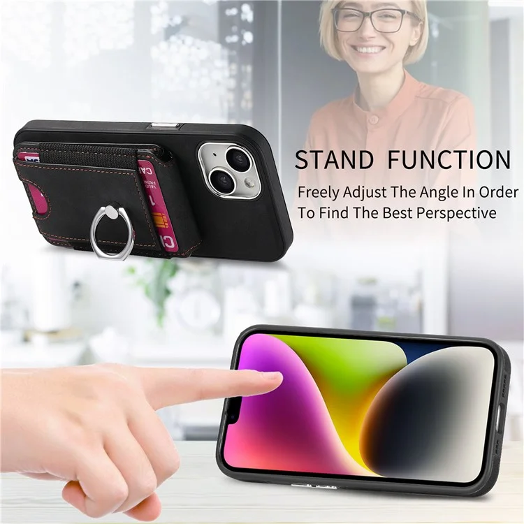 E6 Para Iphone 15 Estuche Touch Textura Vertical Volteador Soportador Del Anillo de la Tarjeta Del Anillo de la Cubierta Anti-drop - Negro