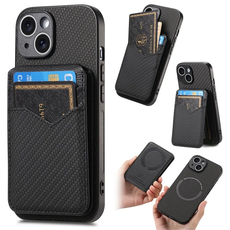 For iPhone 15 Magnetic Case Carbon Fiber Texture Back Cover with Detachable Card Holder - Black