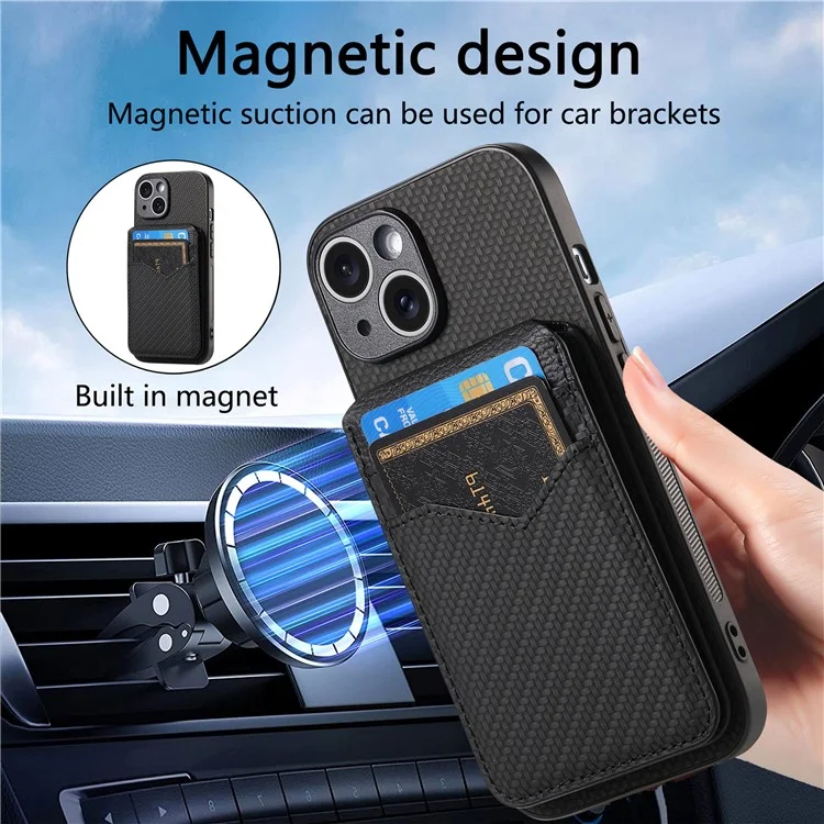 For iPhone 15 Magnetic Case Carbon Fiber Texture Back Cover with Detachable Card Holder - Black