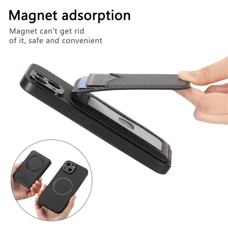 For iPhone 15 Magnetic Case Carbon Fiber Texture Back Cover with Detachable Card Holder - Black