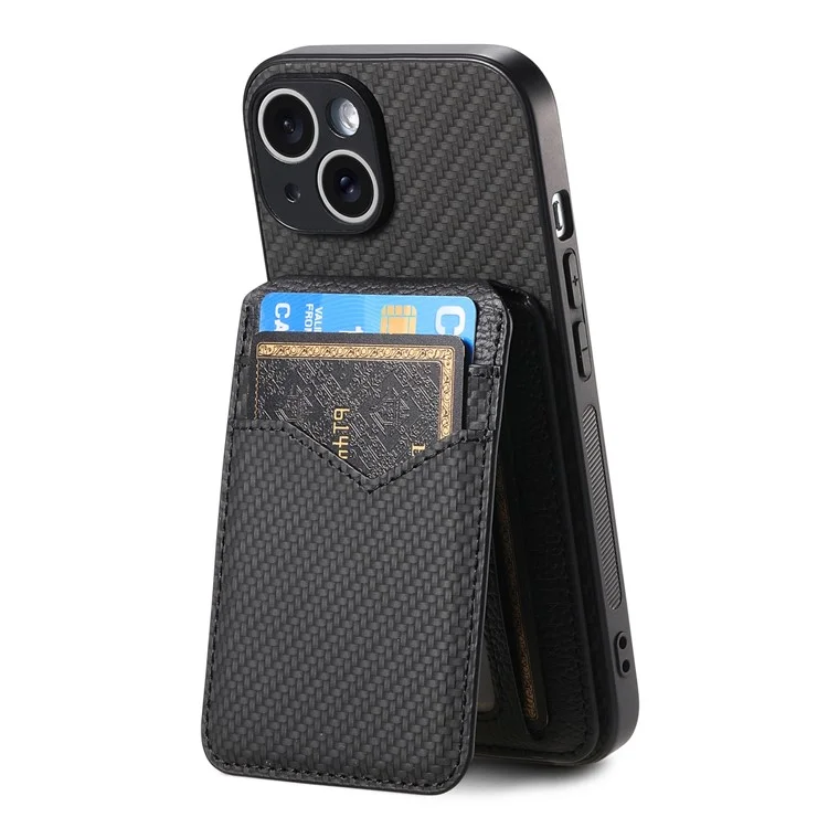 For iPhone 15 Magnetic Case Carbon Fiber Texture Back Cover with Detachable Card Holder - Black