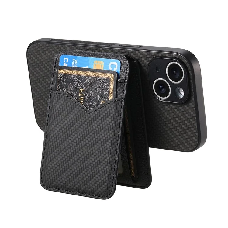 For iPhone 15 Magnetic Case Carbon Fiber Texture Back Cover with Detachable Card Holder - Black