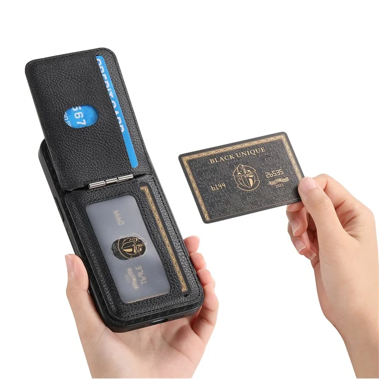 For iPhone 15 Magnetic Case Carbon Fiber Texture Back Cover with Detachable Card Holder - Black