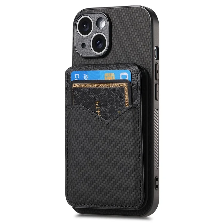 For iPhone 15 Magnetic Case Carbon Fiber Texture Back Cover with Detachable Card Holder - Black