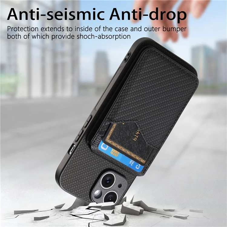 For iPhone 15 Magnetic Case Carbon Fiber Texture Back Cover with Detachable Card Holder - Black