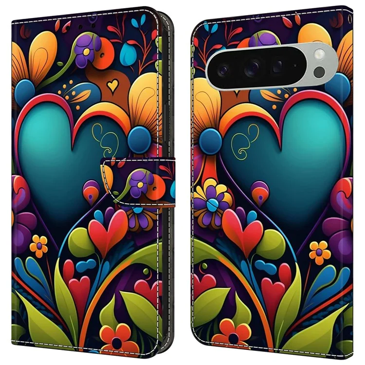 Для Google Pixel 9 Pro XL Case PU Кожаный Кожаный Телефона с Подставкой - Краска Цветок