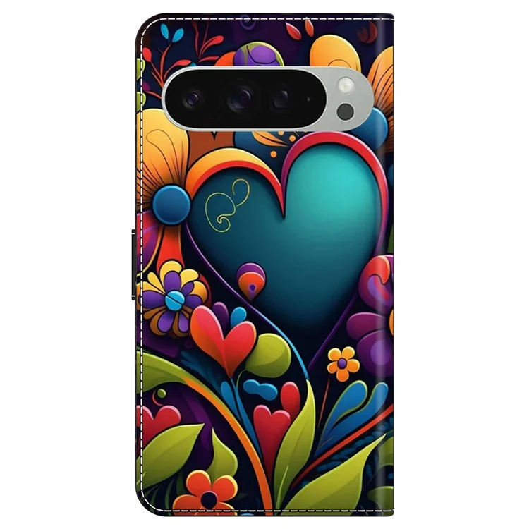 Для Google Pixel 9 Pro XL Case PU Кожаный Кожаный Телефона с Подставкой - Краска Цветок