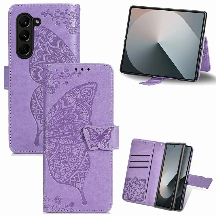 For Samsung Galaxy Z Fold6 5G Case PU Leather Wallet Phone Cover Butterfly Pattern - Light Purple