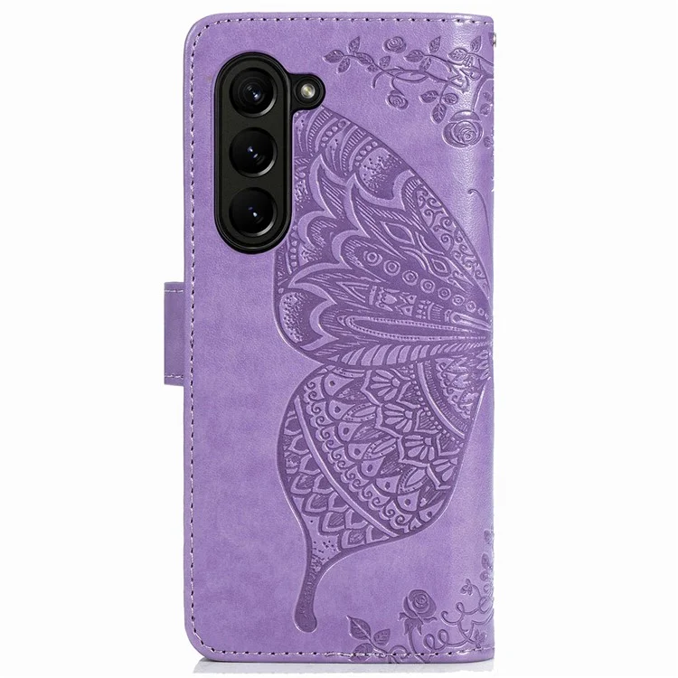 For Samsung Galaxy Z Fold6 5G Case PU Leather Wallet Phone Cover Butterfly Pattern - Light Purple