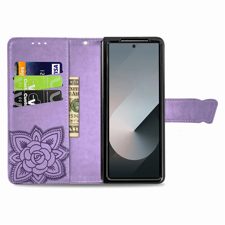 For Samsung Galaxy Z Fold6 5G Case PU Leather Wallet Phone Cover Butterfly Pattern - Light Purple