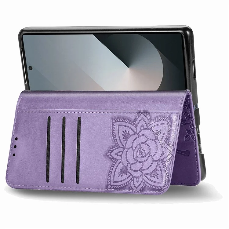 For Samsung Galaxy Z Fold6 5G Case PU Leather Wallet Phone Cover Butterfly Pattern - Light Purple