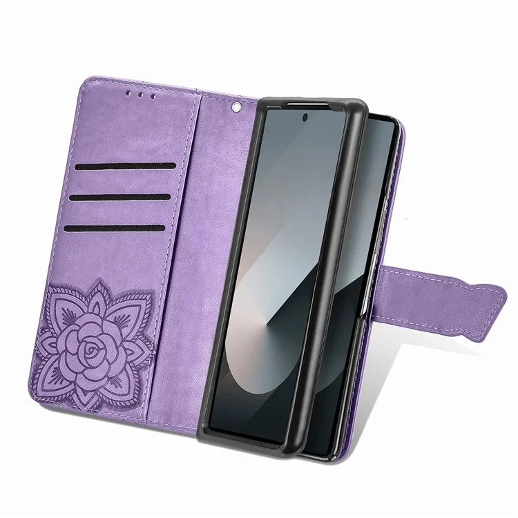 For Samsung Galaxy Z Fold6 5G Case PU Leather Wallet Phone Cover Butterfly Pattern - Light Purple