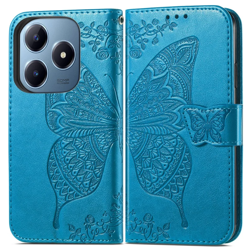 For Realme Note 60x 4G / C63 4G / C61 4G Case PU Leather Wallet Phone Cover Butterfly Pattern - Blue