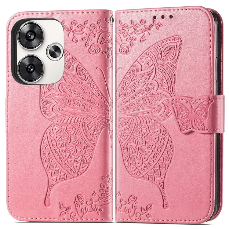 Per Xiaomi Poco F6 5G / Redmi Turbo 3 5G Custodia in Pelle PU Portafoglio Cover per Telefono Motivo a Farfalla - Rosa