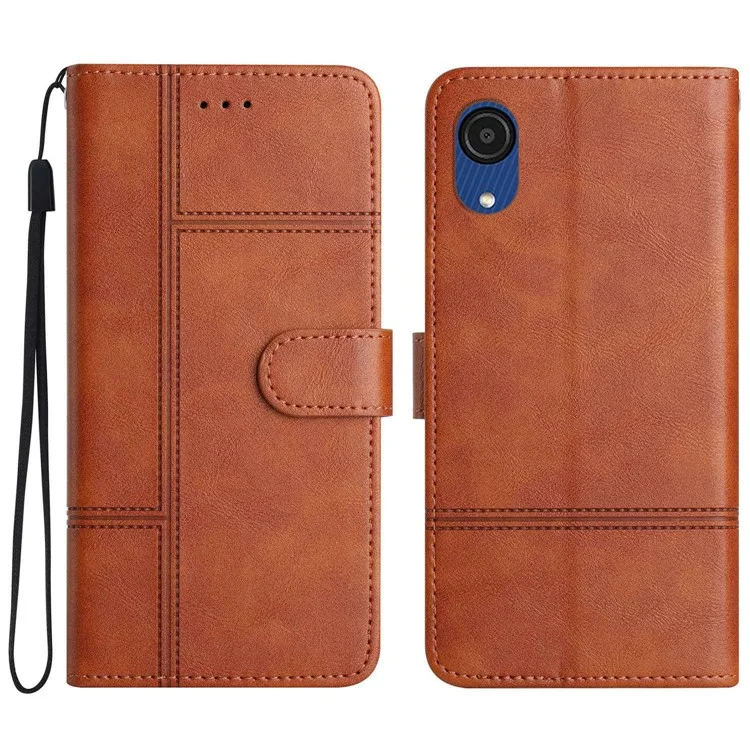 For Samsung Galaxy A04 Core 4G Cowhide Texture Phone Cover Wallet Business Style PU Leather Sewing Line Decor Phone Case - Brown