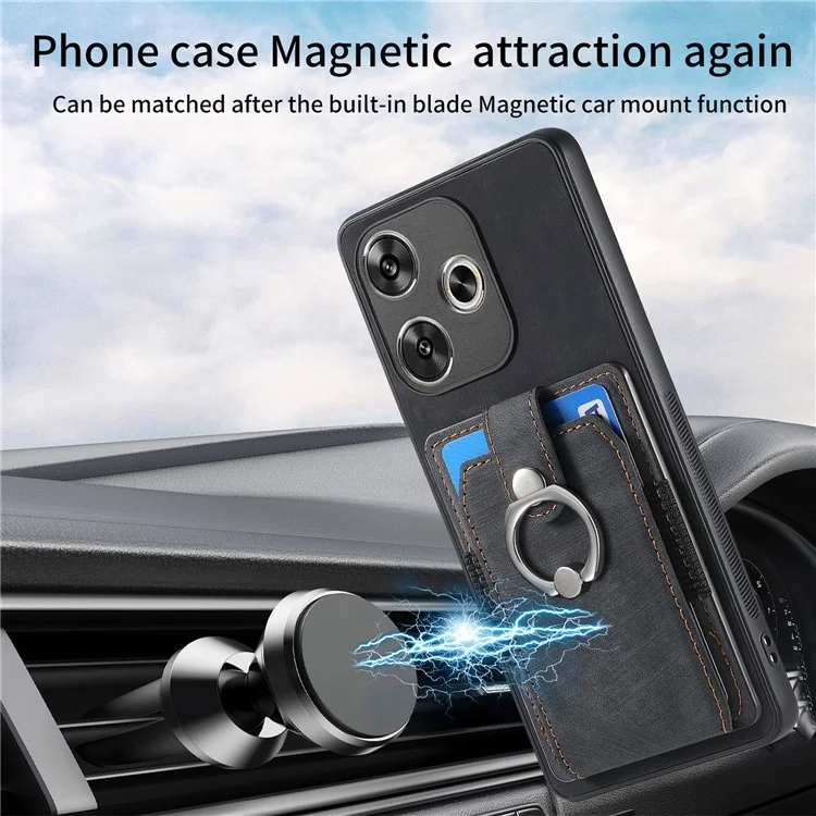 D2 For Xiaomi Poco F6 5G Retro Case Ring Holder Kickstand Leather+TPU Non-Slip Protective Cover Card Slots - Black