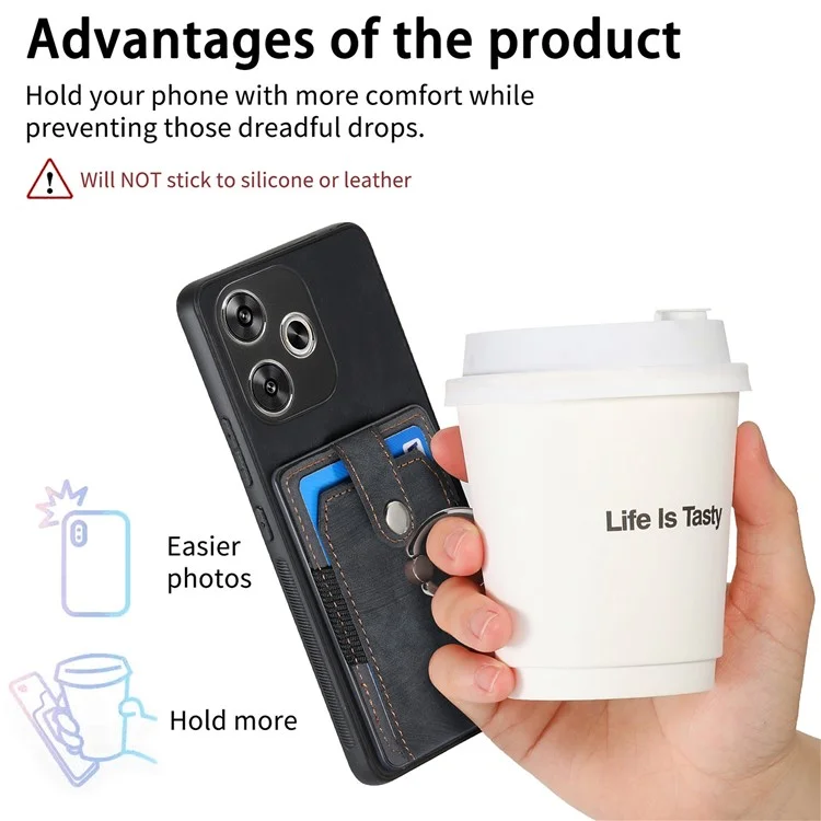 D2 For Xiaomi Poco F6 5G Retro Case Ring Holder Kickstand Leather+TPU Non-Slip Protective Cover Card Slots - Black