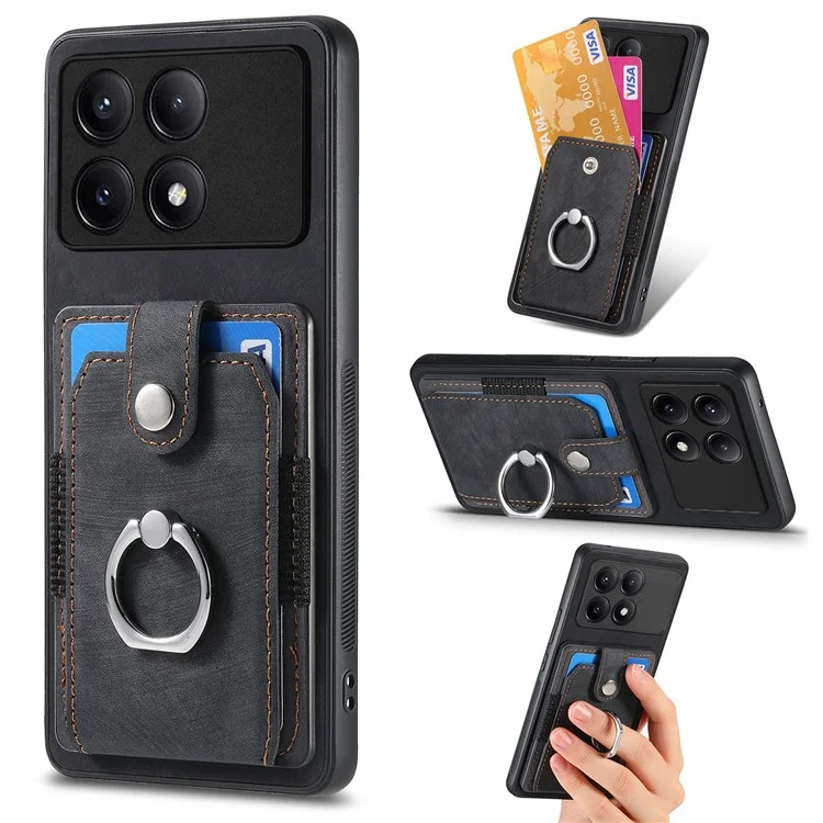 D2 For Xiaomi Poco F6 Pro 5G Retro Case Ring Holder Kickstand Leather+TPU Non-Slip Protective Cover Card Slots - Black