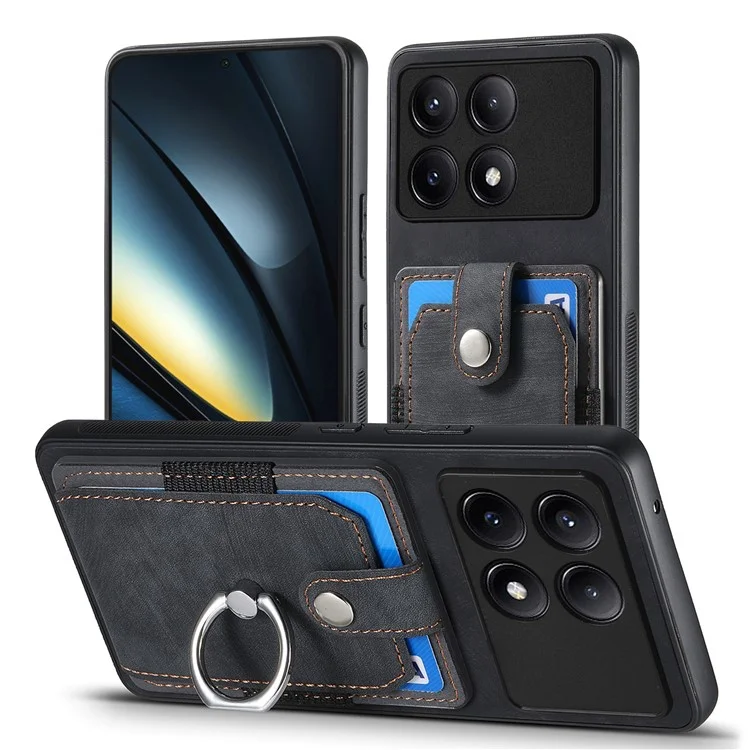 D2 For Xiaomi Poco F6 Pro 5G Retro Case Ring Holder Kickstand Leather+TPU Non-Slip Protective Cover Card Slots - Black