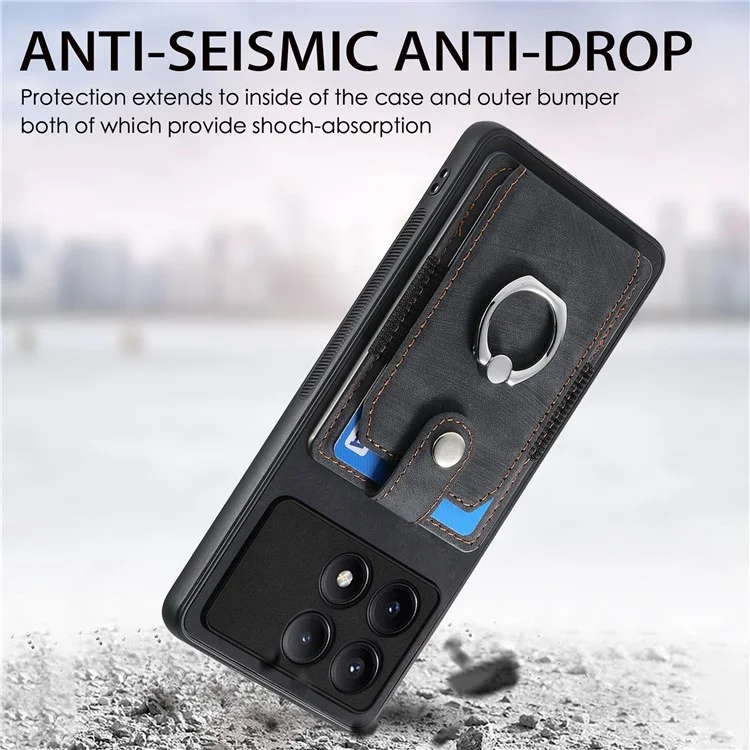 D2 For Xiaomi Poco F6 Pro 5G Retro Case Ring Holder Kickstand Leather+TPU Non-Slip Protective Cover Card Slots - Black