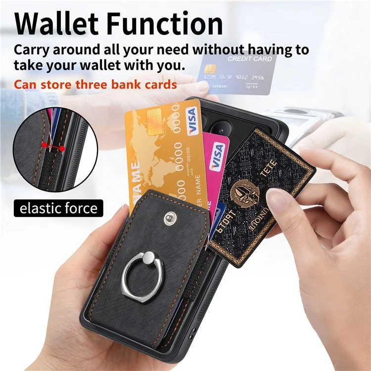 D2 For Xiaomi Poco F6 Pro 5G Retro Case Ring Holder Kickstand Leather+TPU Non-Slip Protective Cover Card Slots - Black